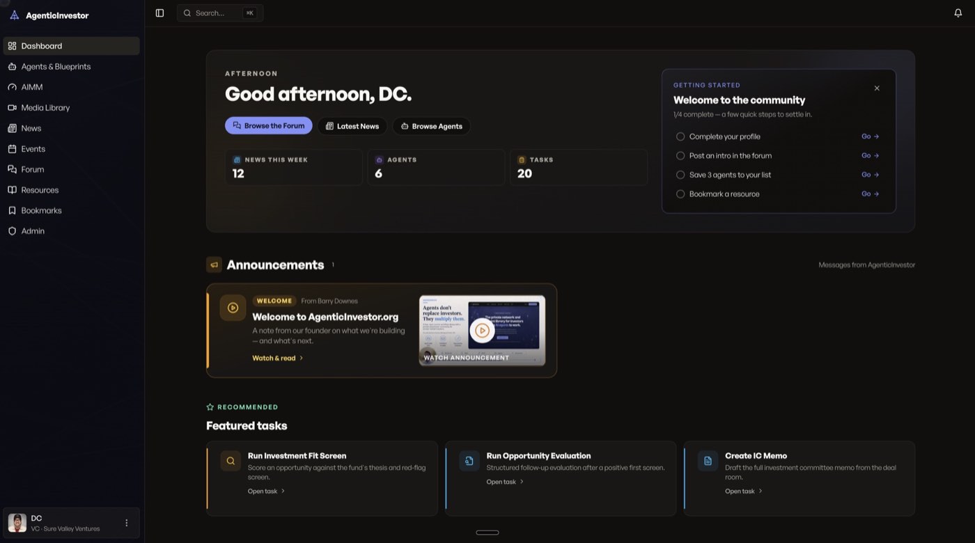 AgenticInvestor member dashboard showing news, announcements and featured investment tasks
