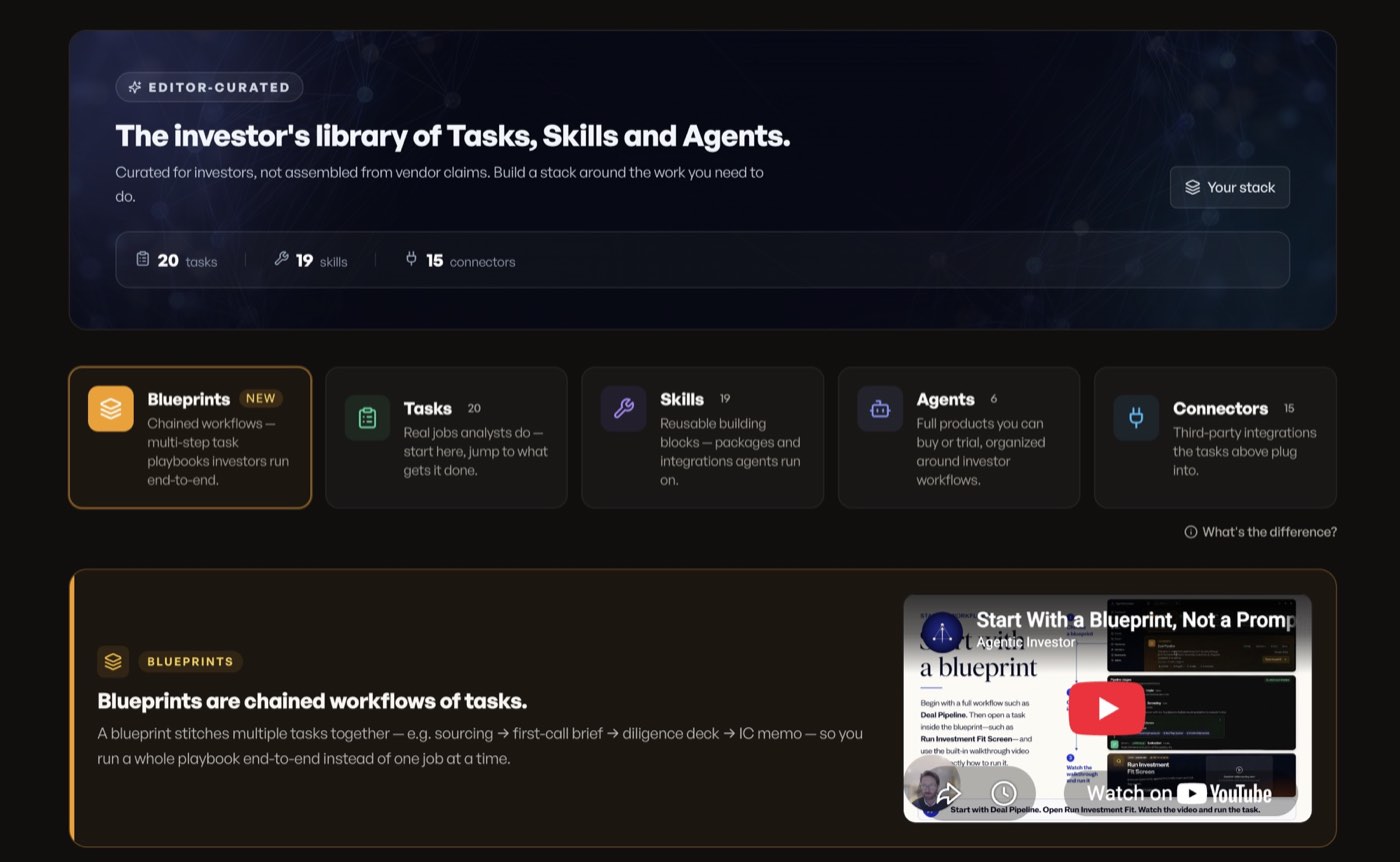AgenticInvestor library showing blueprints, tasks, skills, agents and connectors