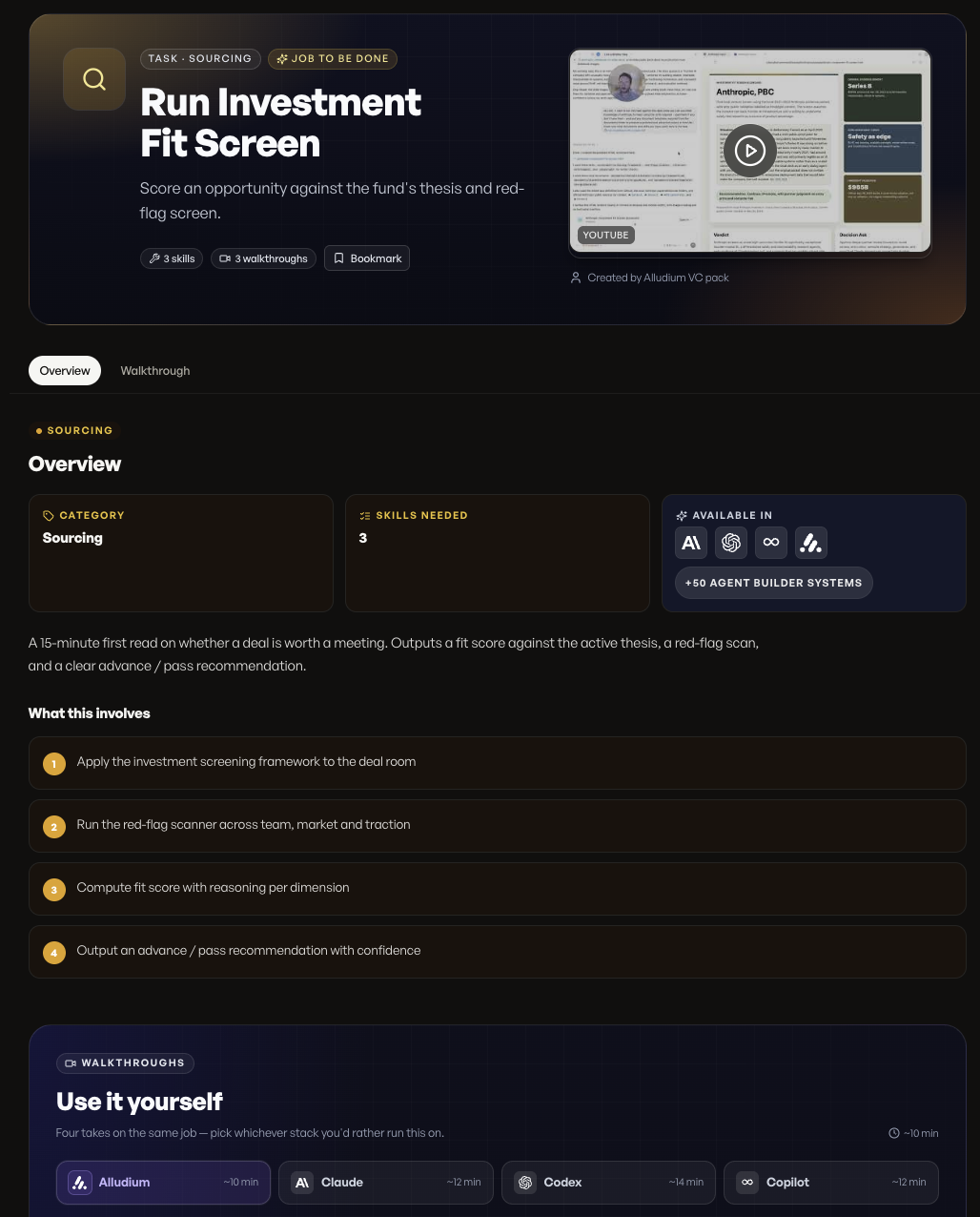 AgenticInvestor Investment Fit Screen task profile showing its purpose, required skills and workflow overview